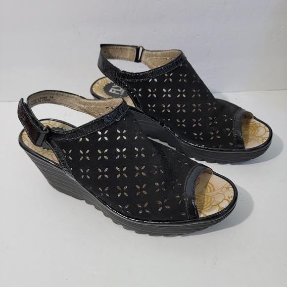 FLY LONDON Yile Black Suede Perforated Slink Back Wedges Sandals Sz 39/8-8.5 - Picture 1 of 12